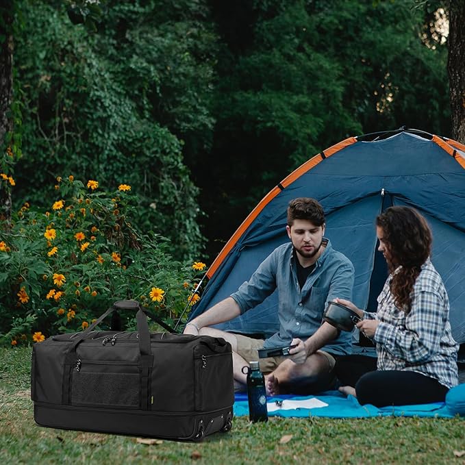 Laripwit Collapsible Duffle Bag with Wheels 130-170L Extra Large Expandable Travel Duffel Bag for Men Women Heavy Duty Military Duffle Bag for Camping Rolling Foldable Carry On Luggage, Black