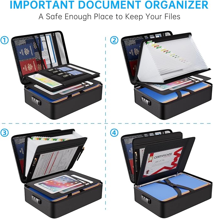 ENGPOW Fireproof Document Box with Lock,5200℉ Soft Case Fireproof Box with 25 Pocket Accordion File Folder,Multi-Layer Fireproof Water Resistant File Organizer Storage for Important Documents,Laptop