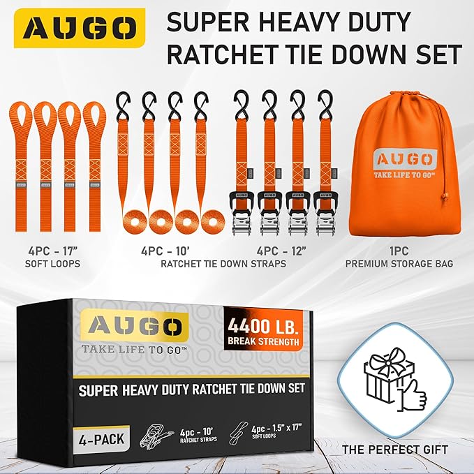 AUGO Heavy Duty Ratchet Straps & Soft Loops – Pack of 4 Extra Strong 1.5” by 10’ Ratchet Straps w/S-Hook Safety Latches & 4 Soft Loop Tie Downs – 4400Lb Break Strength for Motorcycles, ATVs, Etc.