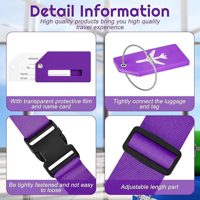 Weewooday 8 Pcs Luggage Straps Suitcase Tags Set for TSA Approved, 4 Travel Adjustable Suitcase Belt, 4 Silicone Luggage Tags with Name ID Card Travel Accessories(Dark Purple,Airplane)