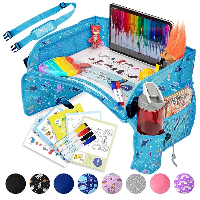 PILLANI Kids Travel Tray for Car - Car Seat Tray for Kids Travel, Road Trip Essentials Must Haves - Carseat Table Roadtrip Activities - Toddler Lap Desk Organizer for Airplane - Kids Travel Essentials