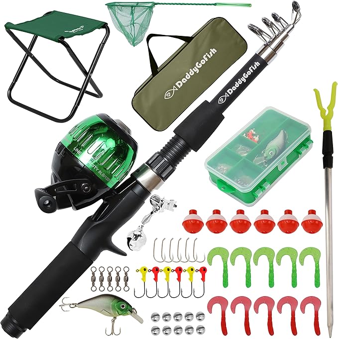 DaddyGoFish Kids Fishing Pole - Rod Reel Combo Tackle Box Starter Set - First Year Small Dock Gear Kit for Boys Girls Toddler Youth Age Beginner Little Children Junior Anglers Older Kids