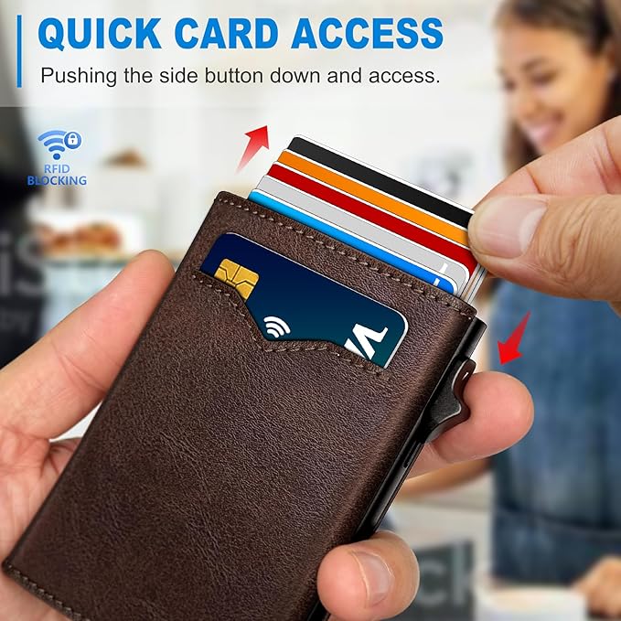 Wallet for Men,with Cash Pocket 2 ID Window 9-13 Cards,Metal Case Smart Slim Pop Up Credit Card Holder Flip with Magnetic Closure RFID Blocking Trifold wallet with Gift Box