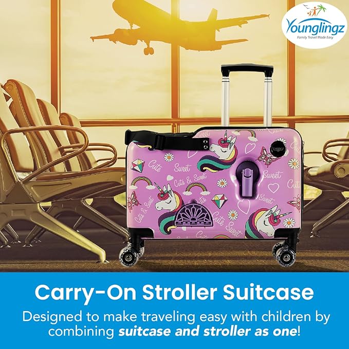 Younglingz LIL FLYER GO Version 2 Ride On Suitcase for Kids | Carry On Luggage with Toddler Seat, Foldable Handlebars, Pedals, and Removable Wheels | Holds up to 80 lbs | Glam | Ages 2-6