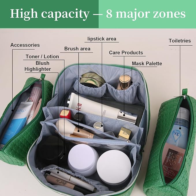 BOYATU Travel Makeup Bags for Women: Large Cosmetic Organizer Bag - Vegan Leather Make up Bag Set of 3 - Protable Toiletry Bags with Compartments (L19 Green)