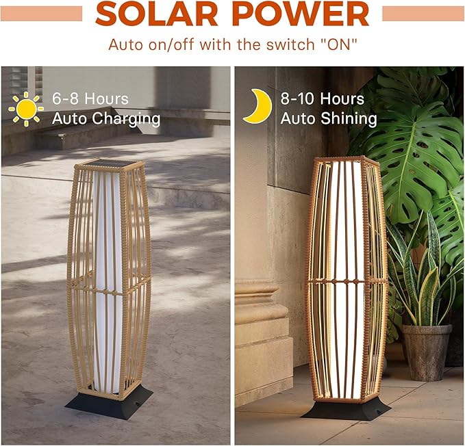 Grand patio 2-Piece Outdoor Floor Lamp Solar Powered Lantern Waterproof Wicker Boho Deck Lights for Garden Porch Decor, Large Taurus