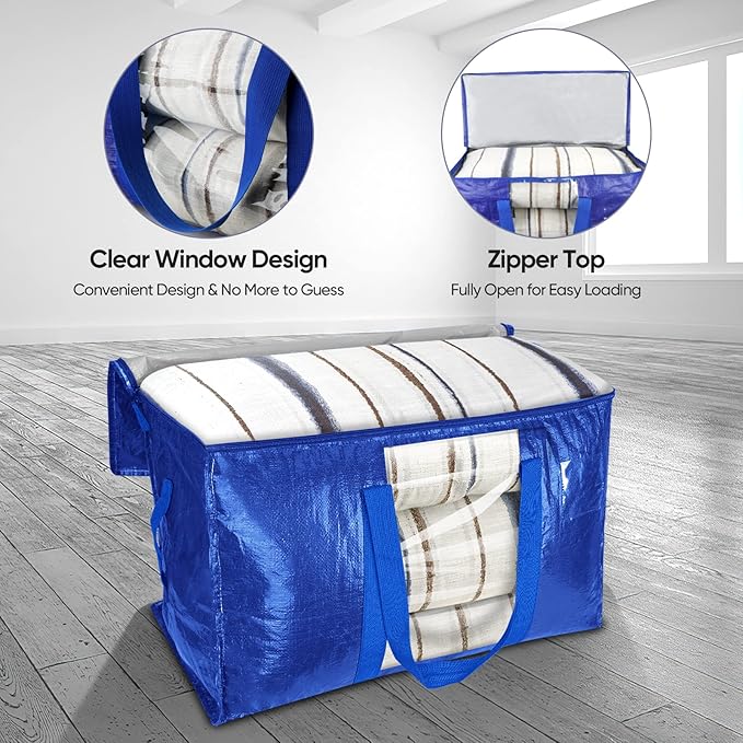 BALEINE 8-Pack Oversized Moving Bags with Reinforced Handles, Heavy-Duty Storage Tote Moving Supplies for Packaging, Camping (Blue w/Window, 8-Pack)