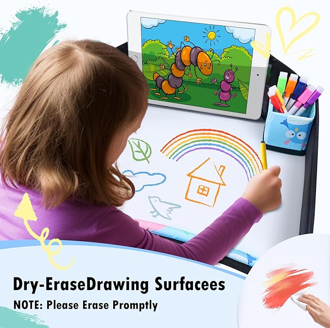 Kids Travel Tray, Car Seat Tray for kids Travel, Toddler Road Trip Essentials With Drawing Kit, Toddler Lap Desk Organizer for Car, Carseat Table for Airplane