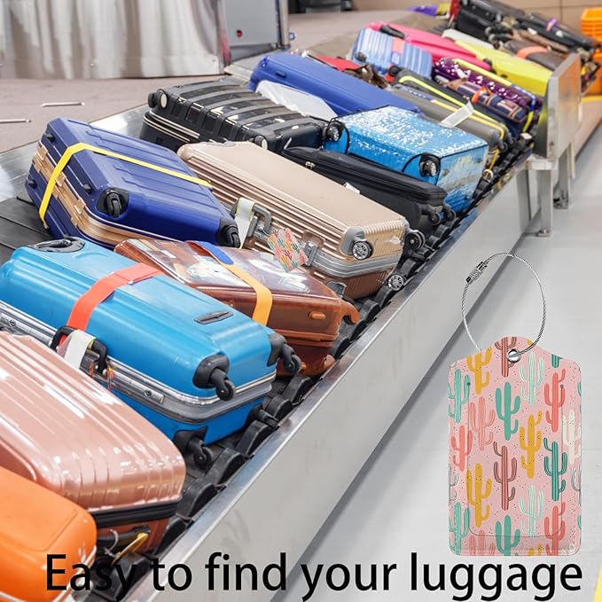Multicolored Cactus 2 Pcs Luggage Tags,Privacy Cover ID Label with Stainless Steel Loop and Address Card for Travel Bag Suitcase