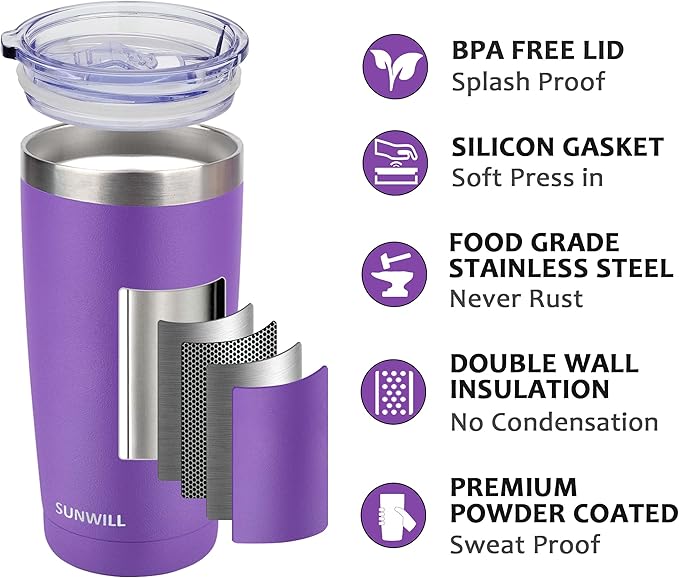 SUNWILL Travel Coffee Tumbler 20 oz, Insulated Mug with Lid, Stainless Steel Cup for Hot and Cold Drinks, Powder Coated Purple