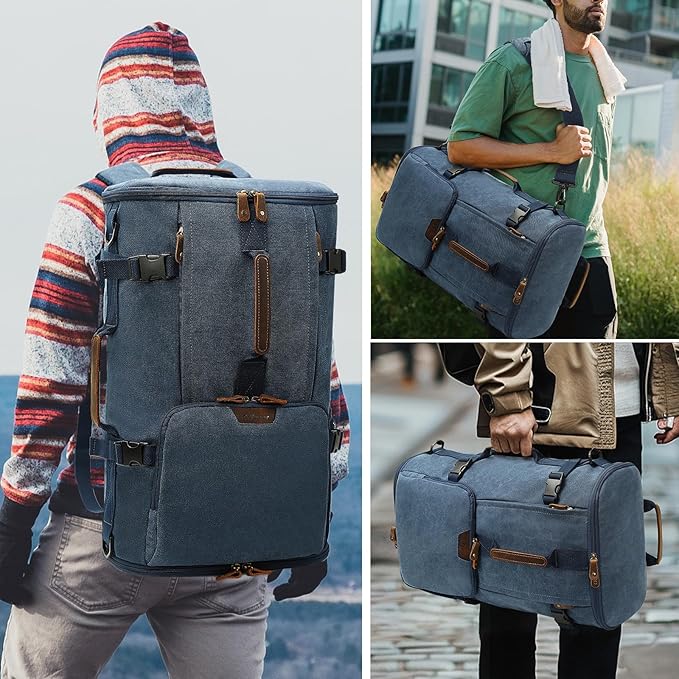 G-FAVOR 40L Travel Backpack, Vintage Canvas Rucksack Convertible Duffel Bag Carry On Backpack Fit for 17.3 Inch Laptop Bag, Blue