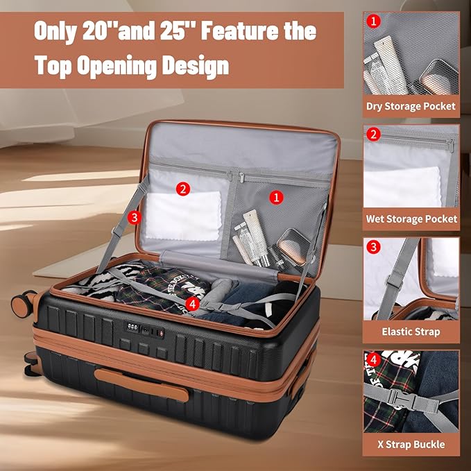 3-Piece 20/24 Top Opening Hardshell Lightweight Luggage and 28-Inch Clamshell Opening Suitcase with Spinner Wheels & TSA Locks, Black Brown, 20in/24in/28in