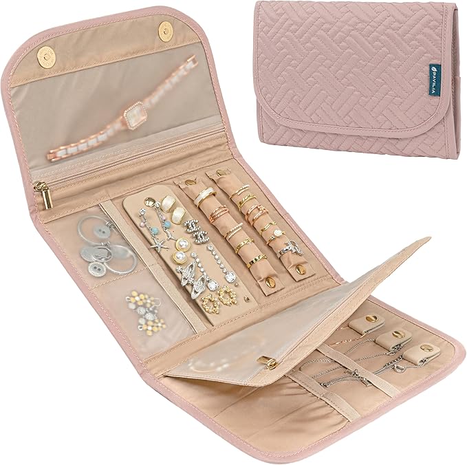 Pavilia Foldable Jewelry Organizer - Travel Roll Bag with Compartments for Earrings, Rings, Necklaces, Bracelets - Packing Accessory