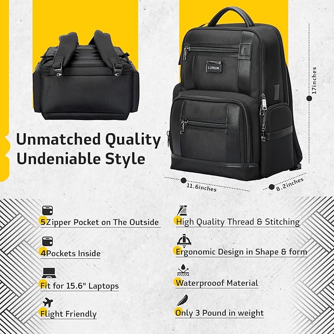 Laptop Business Backpack for Men & Women, Work Backpack Fits 15.6 Inch, Premium Qulity Travel Bag with USB Charging Port, Water-Resistant, Durable Nylon, Computer Bookbag with Multiple Pockets