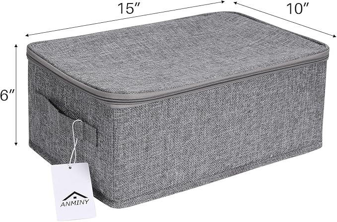 ANMINY Storage Bins with Zipper Lids 13 Qt Lidded Fabric Storage Boxes Baskets Cubes with Handles Collapsible Washable Cotton Linen Closet Shelf Clothes Organizer Containers - Gray, Small