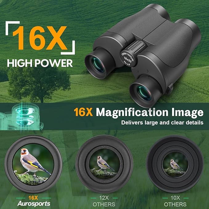 Aurosports 16x32 Compact Binoculars for Adults and Kids - High Powered Small Binoculars with Low Light Vision - Easy Focus Lightweight binos for Bird Watching Hunting Travel Hiking
