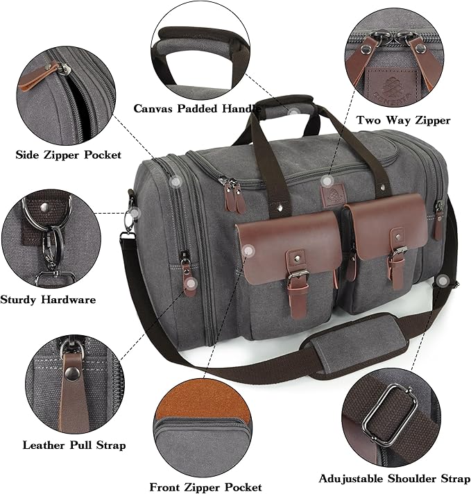 Canvas Duffle Bag for Men 50L Travel Duffel Bags Expandable Genuine Leather Duffel Overnight Weekender Carry On Bag Two Zipper Pockets Travel Bag (Grey, Large-50L)
