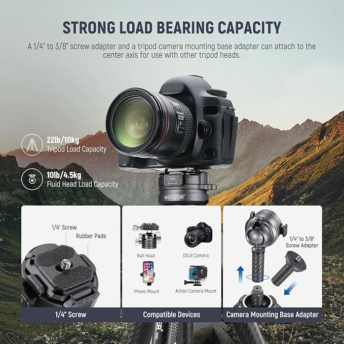 NEEWER LITETRIP LT32 62" Travel Tripod Carbon Fiber with ±15° Leveling 360° Panorama Head, Detachable Center Axis, Fast Flip Buckle, Arca QR Plate Compatible with Peak Design Capture V3, (Former TP62)