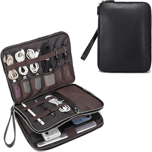 LANNSYNE Full Grain Leather Travel Cable Accessories Bag, Electronic Organizer Carry Case Double Layer Storage Case for Cables, Charger, Phone, Power Bank