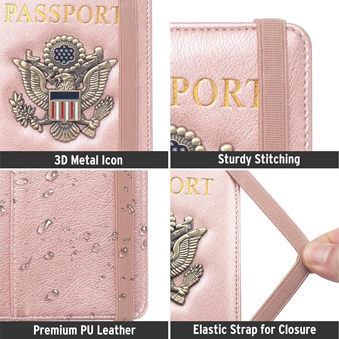 Coowayze US Passport Holder Wallet for Travel Men Women RFID Blocking Passport Cover Case, Waterproof Pink Leather Passport Book Protector with Vaccine Card Slot Travel Document Organizer
