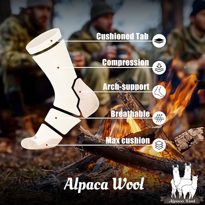 Alpaca Wool Hunting Socks 2 pairs for Men Women, Thermal Warm Compression Thick Winter Cushioned Hiking Boot Moisture Wicking