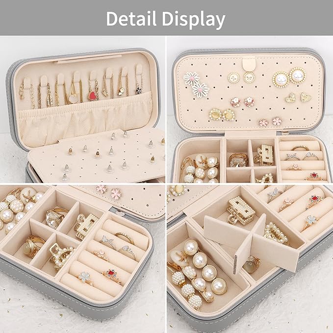 DesignSter Travel Jewelry Box, PU Leather Portable Jewelry Case, Small Jewelry Boxes for Gifts, Travel Jewelry Organizer for Women Rings Earrings Necklaces Bracelets (Gray)