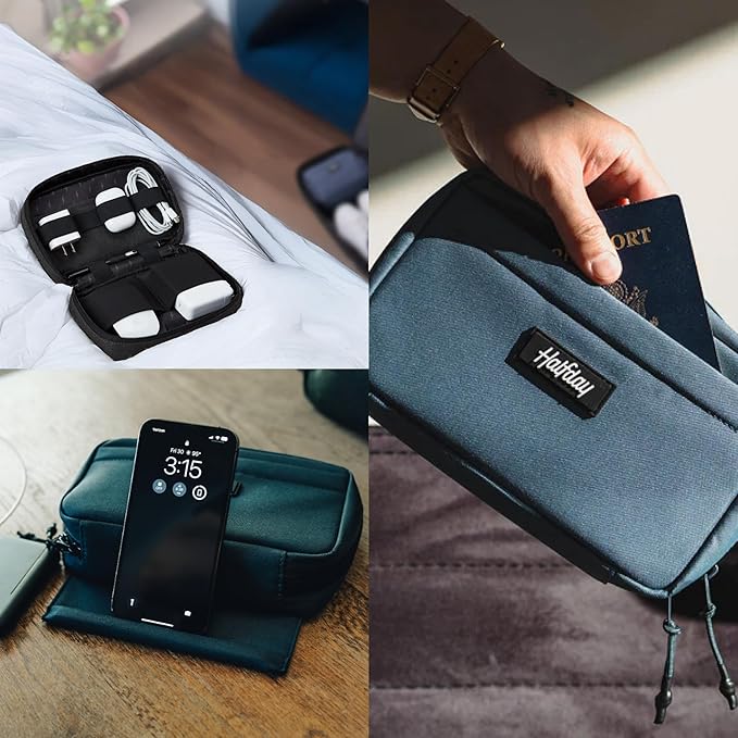 Halfday Sidekick Tech Organizer Kit | Flip-Out Kickstand for Phone/Tablet, Zip-Flat Pouch with Power Mesh & Elastic for Cable & Charger (Splash-Resistant Travel Electronics Accessories Case), Marine