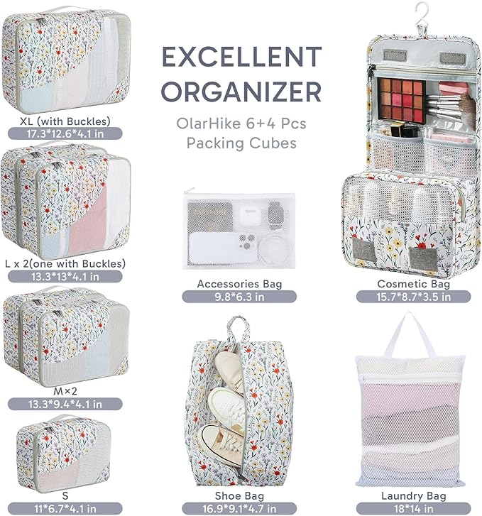 ALL INCLUDED 10 Set Durable Packing Cubes for Suitcases,OlarHike Essentials for Travel,UPGRADED Anti-Tear Stitching, NEW Improved Luggage Packing Organizers for Travel Accessories (Flower)