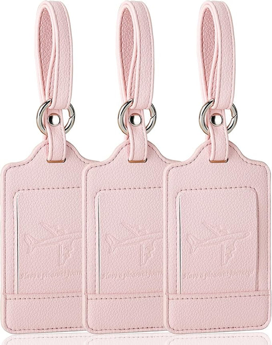 Teskyer Luggage Tags, 3 Pack Premium PU Leather Luggage Tags for Suitcases, Privacy Protection Travel Bag Tags, Lichee Light Pink