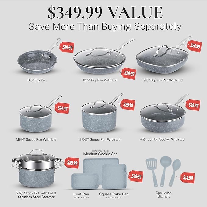Granitestone 20 Pc Ceramic Cookware Set Nonstick, Complete Pots and Pans Set Non Stick for Kitchen with Bakeware, Cooking Utensils & Steamer, Non Toxic Made Without PFOA PFOS, Oven & Dishwasher Safe