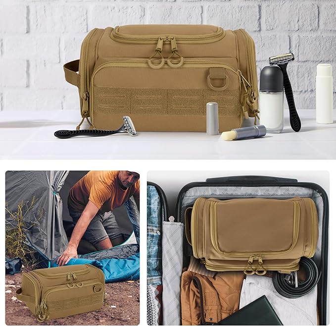Tactical Toiletry Bag for Men, Hanging Hygiene Bag, Travel Dopp Kit Organizer for Shaving, Shower Essentials and Toiletries, Khkai (Empty Bag)