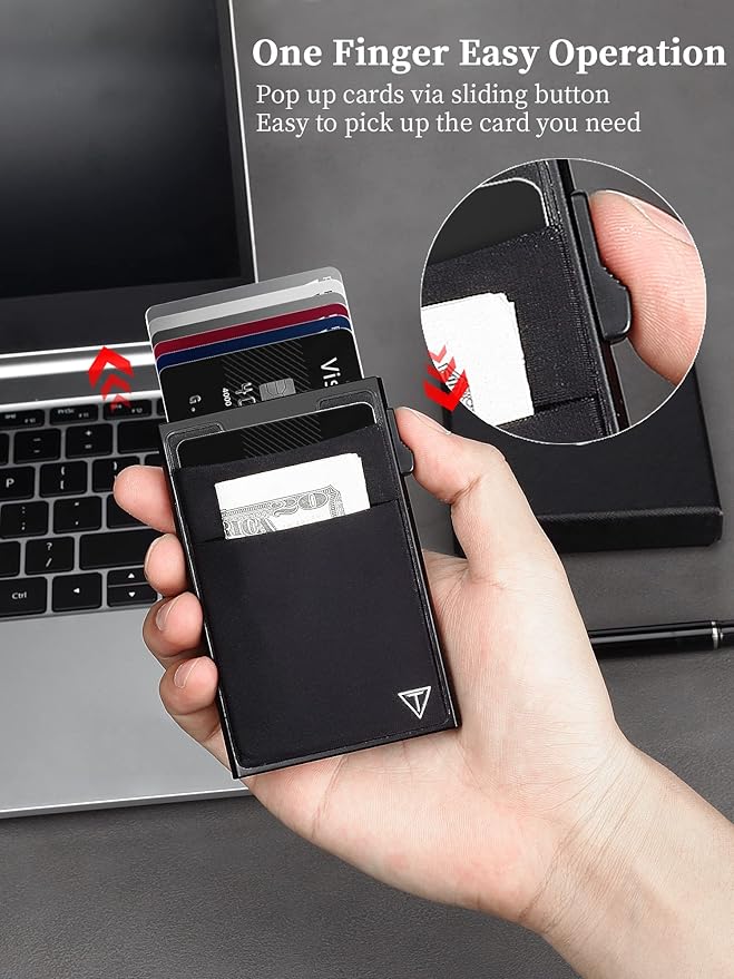 Slim RFID Blocking Wallets,Pop Up Minimalist Card Holder for Men & Women Metal Thin Front Pocket Wallet Credit Card Holder with Elastic Coin Pocket,6-12 Card Capacity,Black