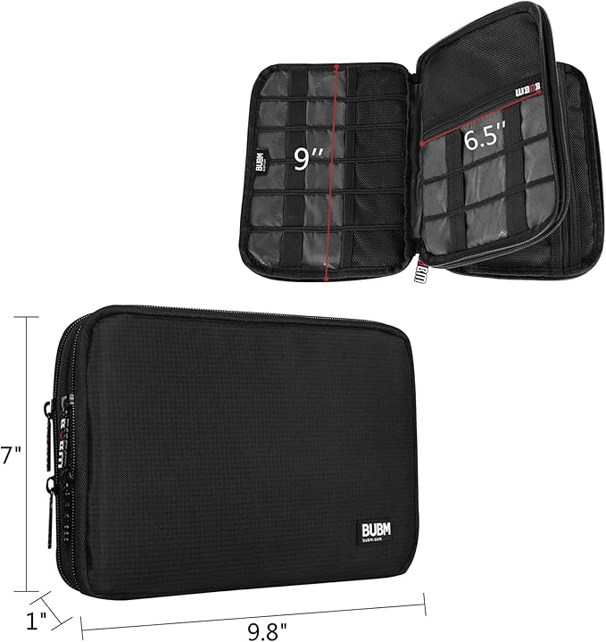 BUBM Double Layer Electronic Accessories Organizer, Travel Gadget Bag for Cables, USB Flash Drive, Plug and More, Perfect Size Fits for iPad Mini (Medium, Black)