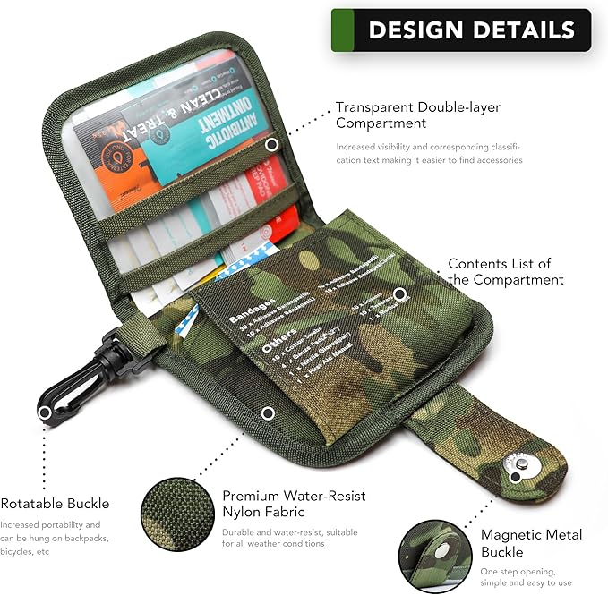 Small First Aid Kit, 100 Pieces Water-Resistant Well Organzied Pouch with Rotatable Buckle - Ideal for Outdoor, Travel, Biking, Camping, Hiking, Car (Green Camo)