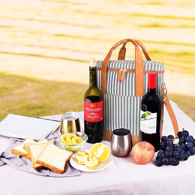 Tirrinia Insulated Wine Gift carrier - 3 Bottle Travel Padded Wine Carry Cooler Tote Bag with Handle and Adjustable Shoulder Strap, Black Stripe