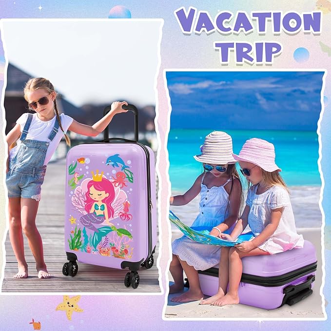 Sanwuta 4 Pcs Kids Luggage Set Kids Backpack Travel Rolling Suitcase with Wheels U-shape Pillow Childrens Gift for Girls Boys(20 Inch,Mermaid Style,Purple)