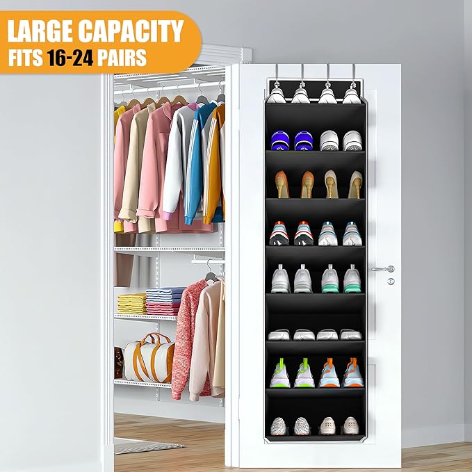 Over The Door Shoe Organizer Storage Fit 16-24 Pairs Hanging Shoe Rack Organiser for Closet Door, Deep Pocket Shoe Holder for Sneakers,Boots Storage(1 Pack Black)