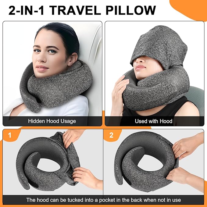 Travel Pillow - Hooded Neck Pillow Airplane Memory Foam Filling for Plane, Office, Cars Sleeping, Road Trip, Long Flights, Portable Plane Accessories, Includes Eye Mask & Earplugs (Dark Gray)