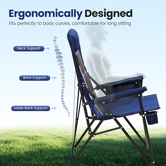HIGH POINT SPORTS Oversized Camping Chairs for Adults, High Back Heavy Duty Lawn Chair Support 500LBS, Padded Portable Collapsible Chair with Cup Holder, Blue, 2 Pack