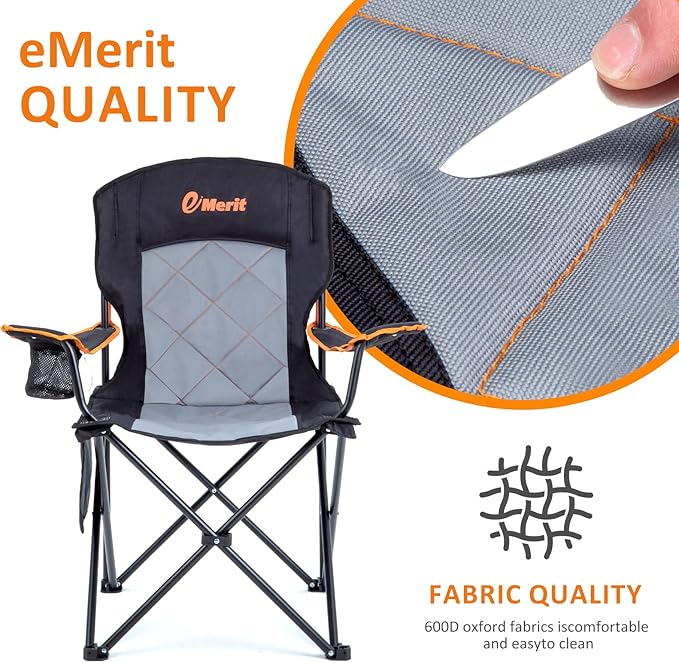 EMERIT Oversized Padded Camping Chair, 350LB Heavy Duty Quad Fold Chair with Arms, Collapsible Outdoor Chairs with Lumbar Back & Cup Holder Black