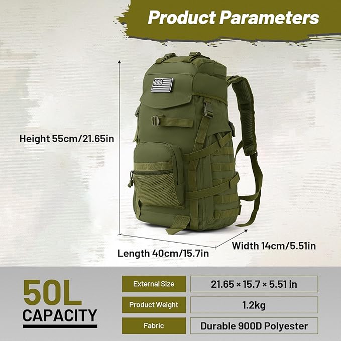 50L Tactical Backpack for Men and Women, Water-Resistant Molle Rucksack, Large Military Assault Pack for Hiking, Hunting, Camping, Gym & Outdoor Survival Green