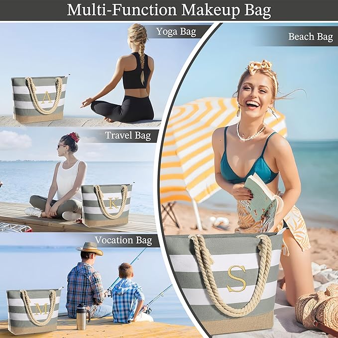 YOOLIFE Initial Canvas Waterproof Beach Tote Bag Zipper Personalized Gifts for Women Her Birthday Travel Beach Essential