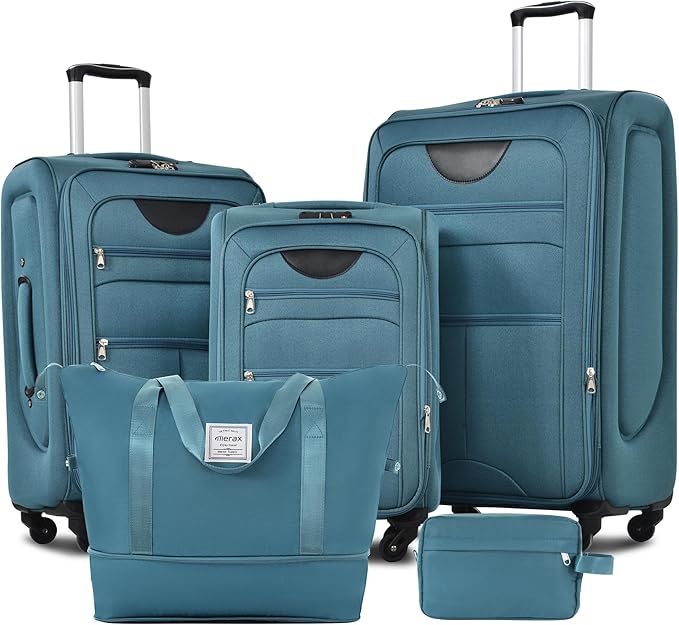 Merax Softside Luggage Set Softshell Lightweight 3 Piece Spinner Suitcase with Duffel Bag Expandable Upright Travel Luggage 22" 26" 30",Blue Green
