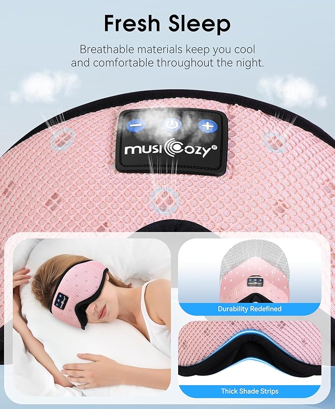 MUSICOZY Sleep Headphones Breathable Sleep Mask Bluetooth 5.4 Wireless Earphones Mask Sleeping Eyemask for Side Sleepers for Women Men Travel Meditation Gift (Mesh Pink)