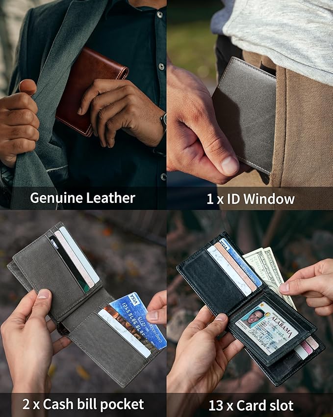 Mens Wallet Bifold Genuine Leather RFID Blocking Wallet for Men with 1 ID Windows 13 Card Holders 2 cash pockets 1 Gift Box