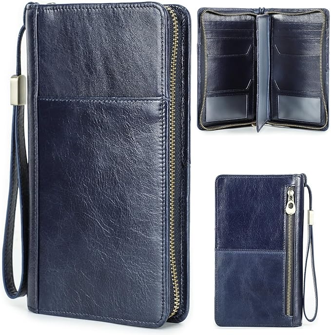 Top Grain Leather Travel Passport Wallet Holder for Man & Woman, Handmade with Three-Layer for 4 Passports & Multi Cards, RFID Blocking Large Capacity for Cards/Passports/Tickets, Blue