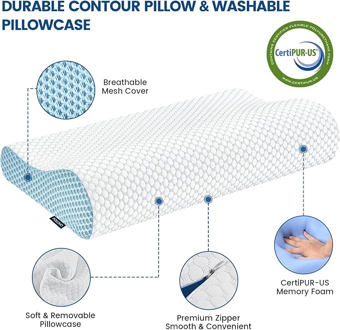 Neck Pillow Contour Memory Foam Pillows for Pain Relief Bed Pillow for Sleeping, Ergonomic Pillow for Neck and Shoulder Pain, Orthopedic Cervical Pillow for Side Back Stomach Sleeper(White&Blue)
