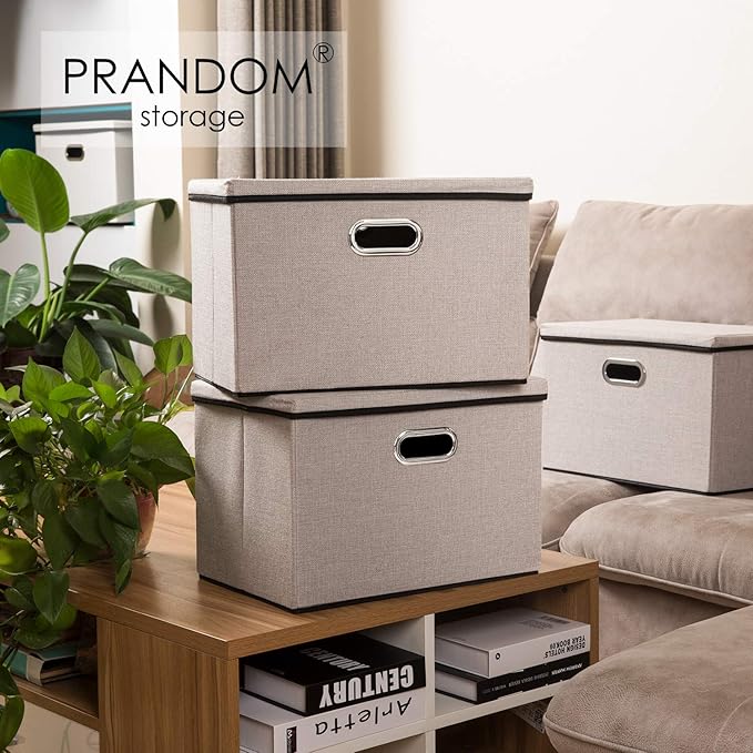 PRANDOM Large Foldable Storage Bins with Lids [3-Pack] linenFabric Decorative Storage Boxes Organizer Containers Baskets Cube with Handles Divider for Bedroom Closet Office Light Grey(17.7x11.8x11.8)