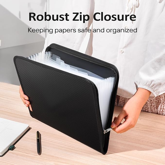 Sooez 13 Pocket Accordion File Organizer, Zipper Expanding File Folder Organizer, Reinforced Plastic Accordion Folder, A4 Letter Size, Portable Folders for Documents, Green