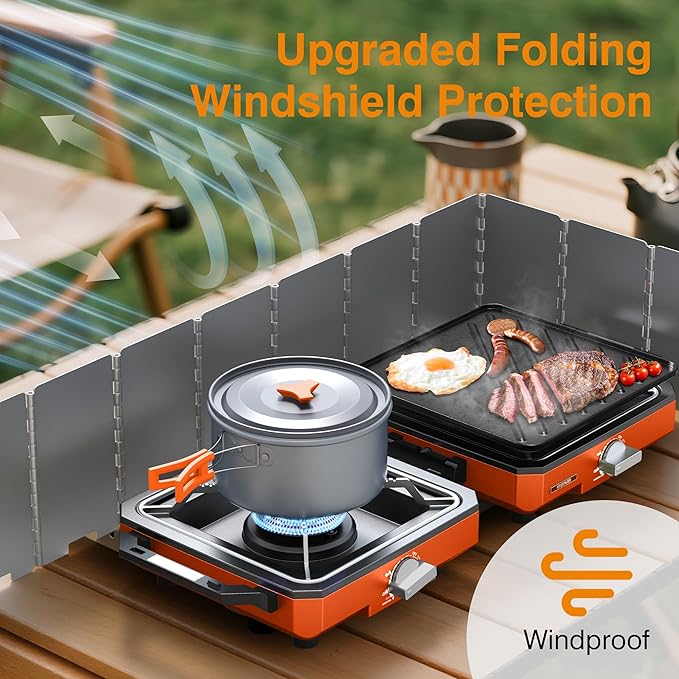 ODSD 2 Burner Camping Stove with Windshield, 20000 BTU Propane Camp Stove, Portable Folding Gas Stove, Camping Essentials Gears Includes Frying Pan, Coffee Stand & Carry Bag, Orange